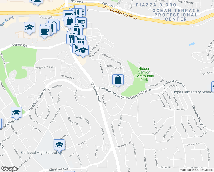 map of restaurants, bars, coffee shops, grocery stores, and more near 2512 Via Sorbete in Carlsbad