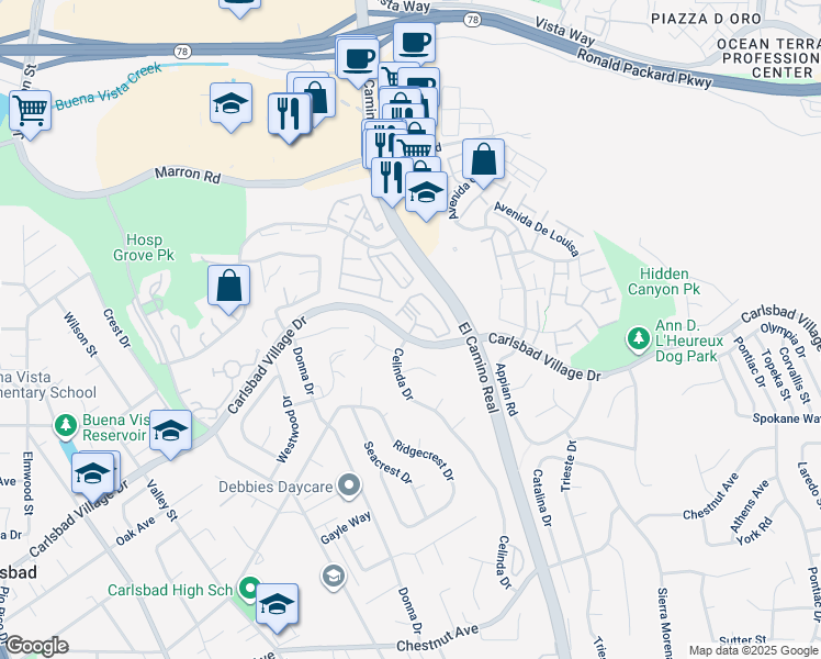 map of restaurants, bars, coffee shops, grocery stores, and more near 2390 Rising Glen Way in Carlsbad