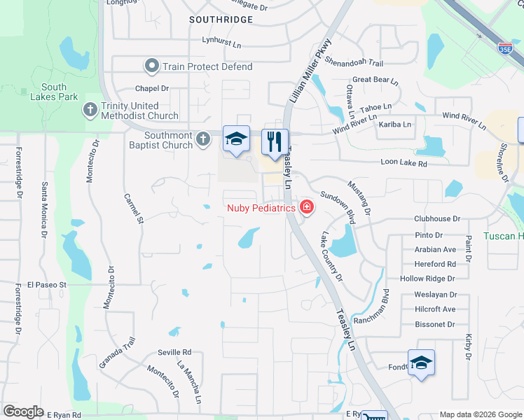 map of restaurants, bars, coffee shops, grocery stores, and more near 3009 Oakhurst Street in Denton