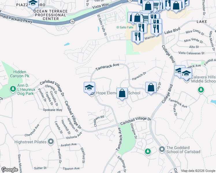 map of restaurants, bars, coffee shops, grocery stores, and more near 3016 Newshire Street in Carlsbad