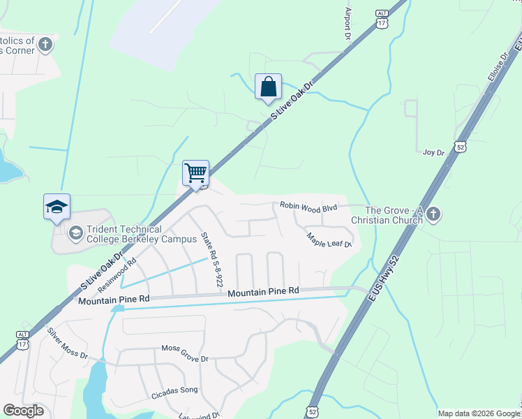 map of restaurants, bars, coffee shops, grocery stores, and more near 2042 Robin Wood Boulevard in Moncks Corner