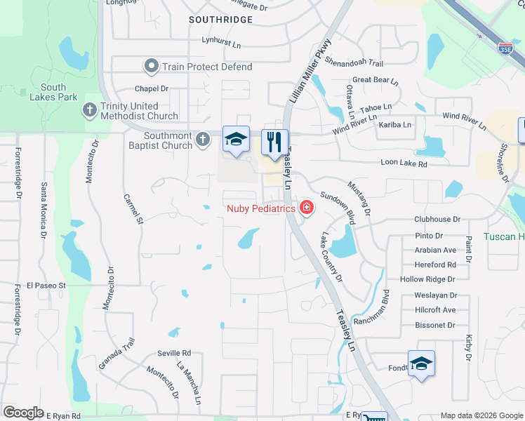 map of restaurants, bars, coffee shops, grocery stores, and more near 3009 Oakhurst Street in Denton
