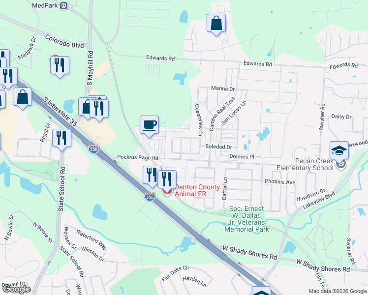 map of restaurants, bars, coffee shops, grocery stores, and more near 3801 Cliffside Drive in Denton