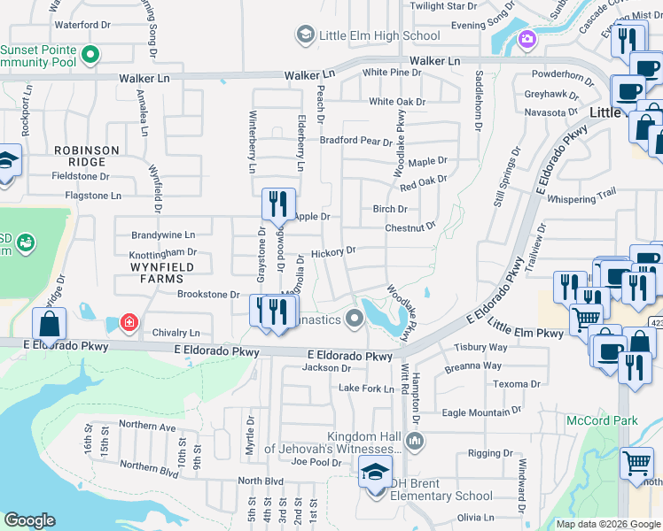 map of restaurants, bars, coffee shops, grocery stores, and more near 2332 Pecan Drive in Little Elm