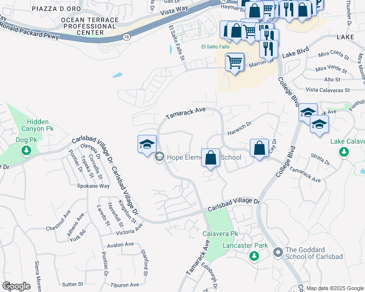 map of restaurants, bars, coffee shops, grocery stores, and more near 3048 Glenbrook Street in Carlsbad
