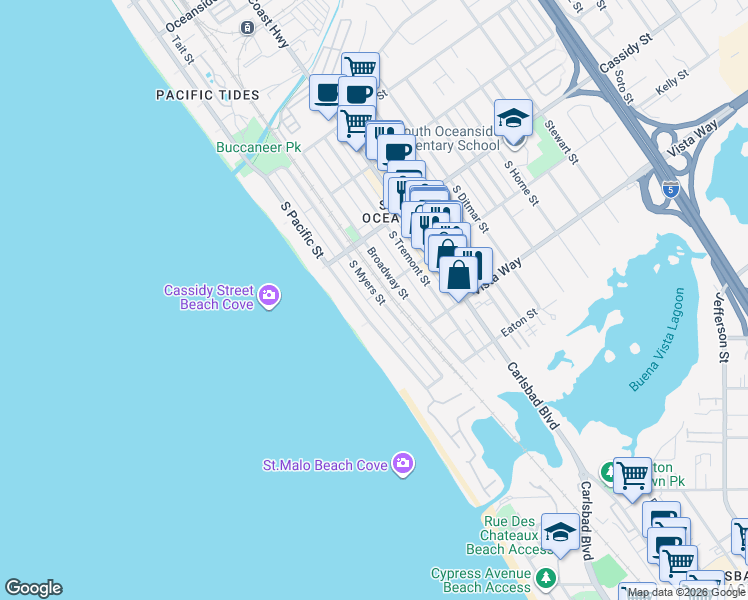 map of restaurants, bars, coffee shops, grocery stores, and more near 1901 South Myers Street in Oceanside