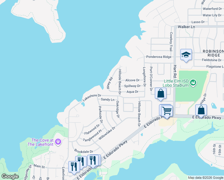 map of restaurants, bars, coffee shops, grocery stores, and more near 516 Riney Road in Little Elm