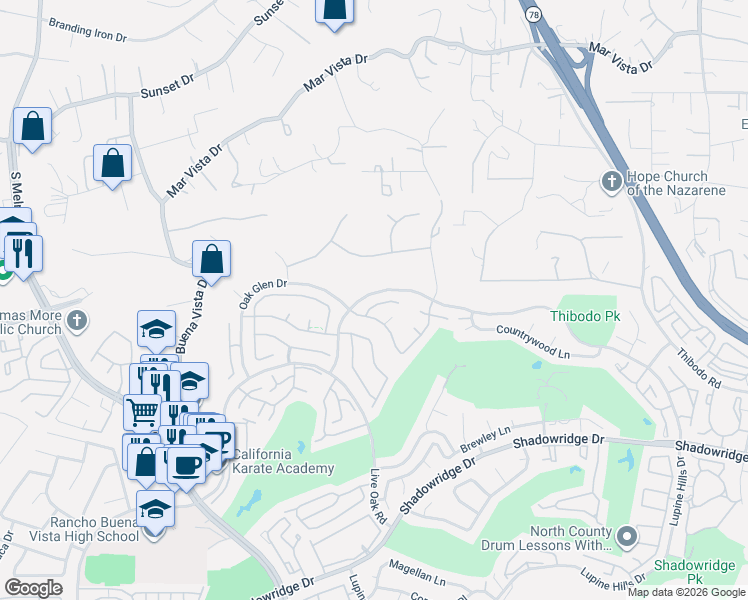 map of restaurants, bars, coffee shops, grocery stores, and more near 1374 Beringer Lane in Vista