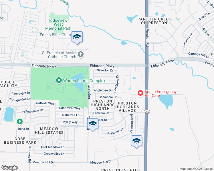map of restaurants, bars, coffee shops, grocery stores, and more near 8502 Emerald Glen Lane in Frisco