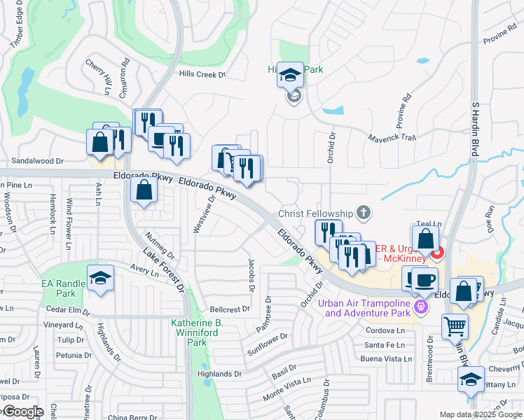 map of restaurants, bars, coffee shops, grocery stores, and more near 4520 Eldorado Parkway in McKinney