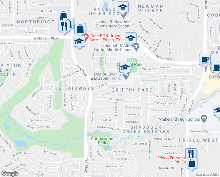 map of restaurants, bars, coffee shops, grocery stores, and more near 3374 Munstead Trail in Frisco