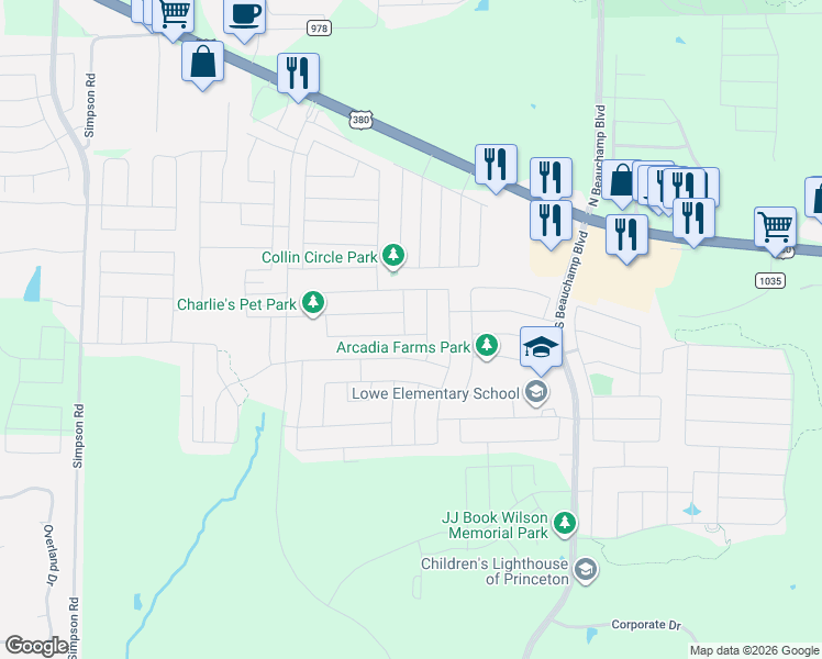 map of restaurants, bars, coffee shops, grocery stores, and more near 503 Hackberry Street in Princeton