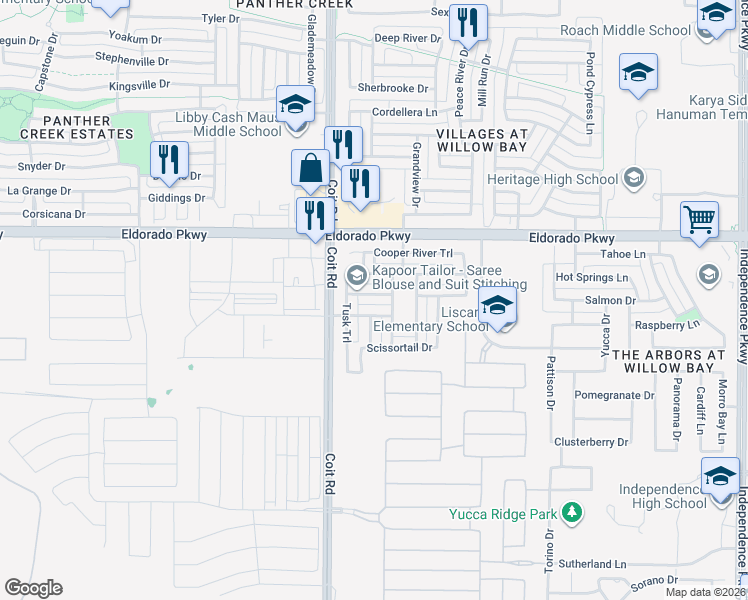 map of restaurants, bars, coffee shops, grocery stores, and more near 11498 Tusk Trail in Frisco