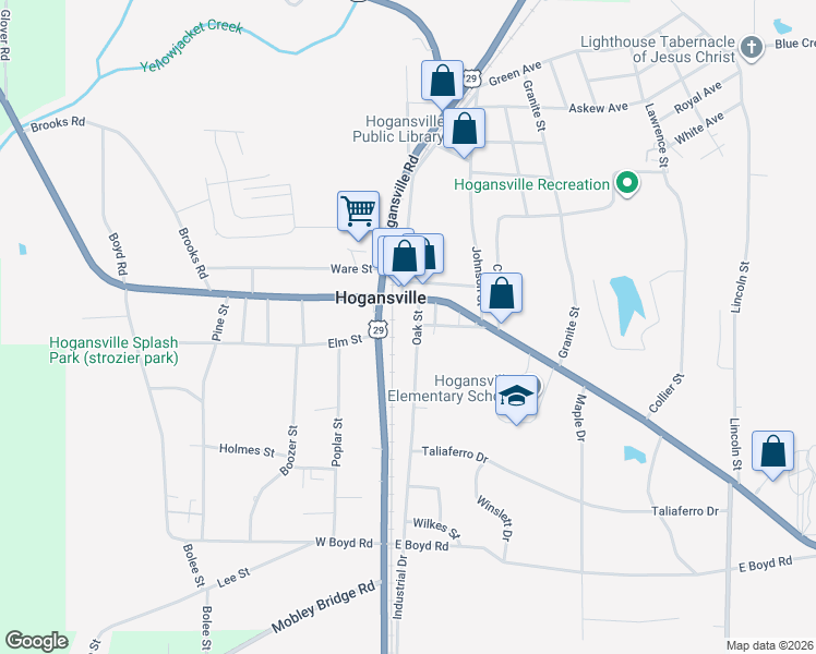 map of restaurants, bars, coffee shops, grocery stores, and more near 201 Oak Street in Hogansville