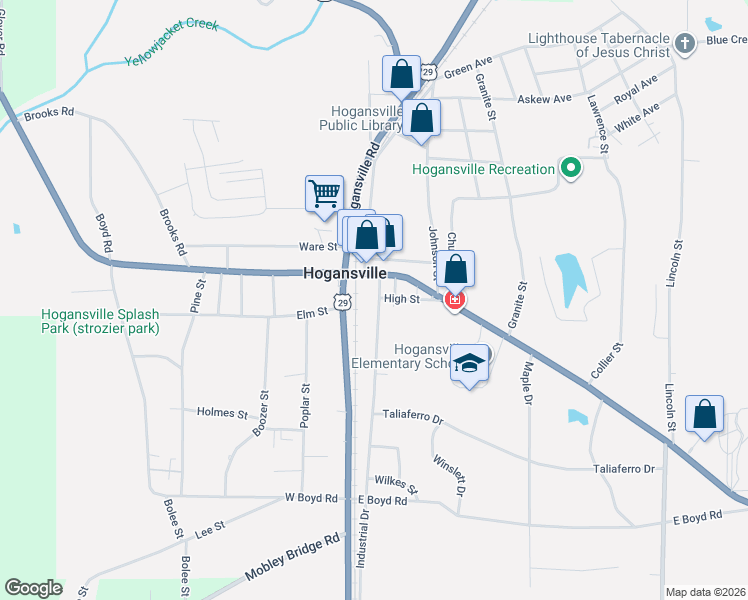 map of restaurants, bars, coffee shops, grocery stores, and more near 201 Oak Street in Hogansville