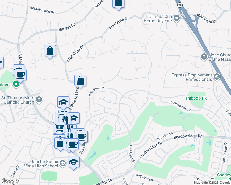 map of restaurants, bars, coffee shops, grocery stores, and more near 2021 Oak Glen Drive in Vista
