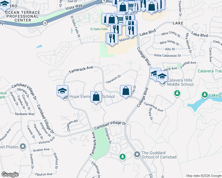 map of restaurants, bars, coffee shops, grocery stores, and more near 3600 Harwich Drive in Carlsbad