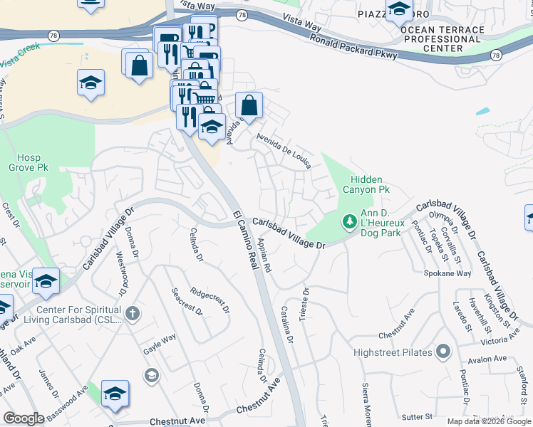 map of restaurants, bars, coffee shops, grocery stores, and more near 2514 Via Sorbete in Carlsbad