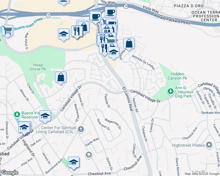 map of restaurants, bars, coffee shops, grocery stores, and more near 2390 Rising Glen Way in Carlsbad