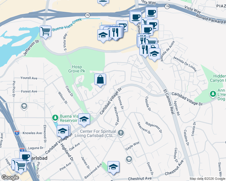 map of restaurants, bars, coffee shops, grocery stores, and more near 3151 Donna Drive in Carlsbad