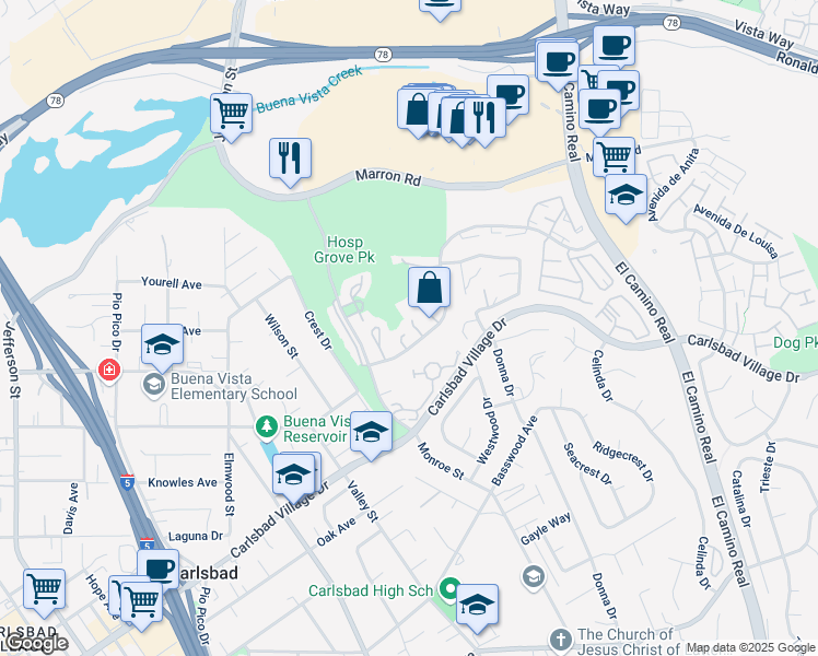 map of restaurants, bars, coffee shops, grocery stores, and more near 2805 Forest View Way in Carlsbad