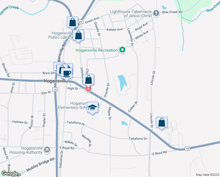 map of restaurants, bars, coffee shops, grocery stores, and more near 104 Granite Street in Hogansville
