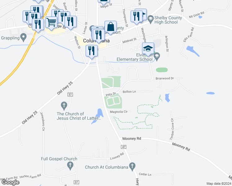 map of restaurants, bars, coffee shops, grocery stores, and more near 112 Pitts Drive in Columbiana