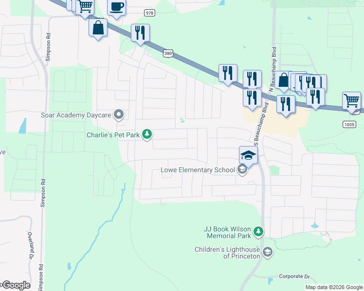 map of restaurants, bars, coffee shops, grocery stores, and more near 503 Hackberry Street in Princeton