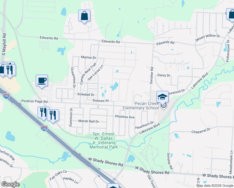 map of restaurants, bars, coffee shops, grocery stores, and more near 3712 Arroyo Trail in Denton