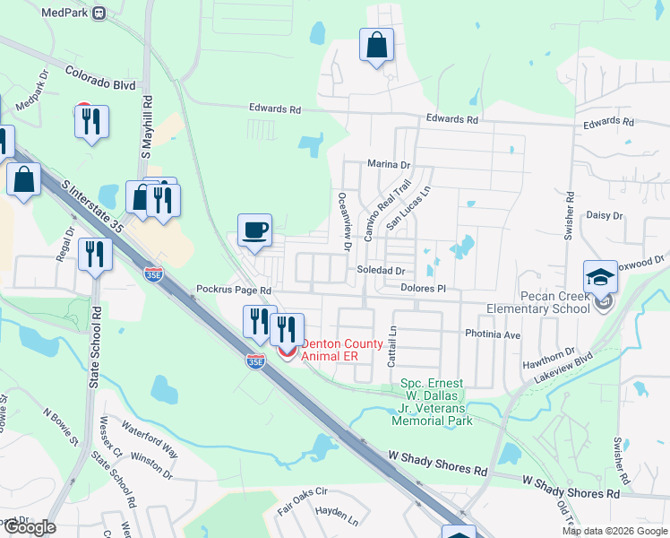 map of restaurants, bars, coffee shops, grocery stores, and more near 3805 Oceanview Drive in Denton