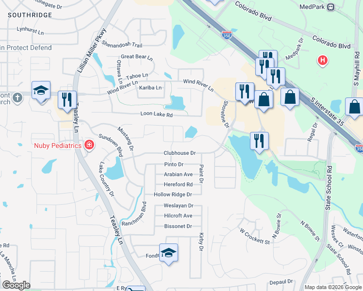 map of restaurants, bars, coffee shops, grocery stores, and more near 3325 Sombrero Drive in Denton