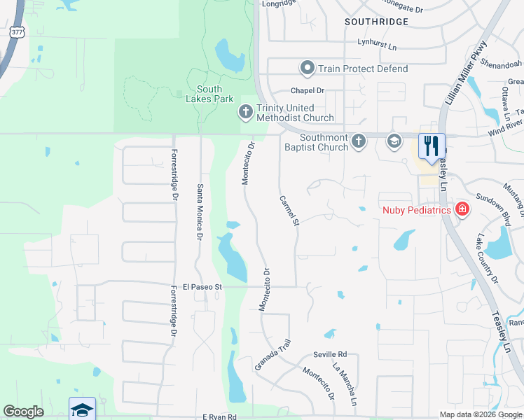 map of restaurants, bars, coffee shops, grocery stores, and more near 3010 Carmel Street in Denton