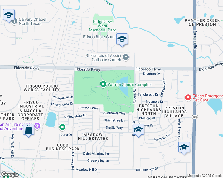 map of restaurants, bars, coffee shops, grocery stores, and more near 7599 West Eldorado Parkway in Frisco