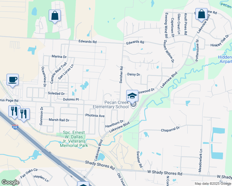 map of restaurants, bars, coffee shops, grocery stores, and more near 6460 Swisher Road in Denton