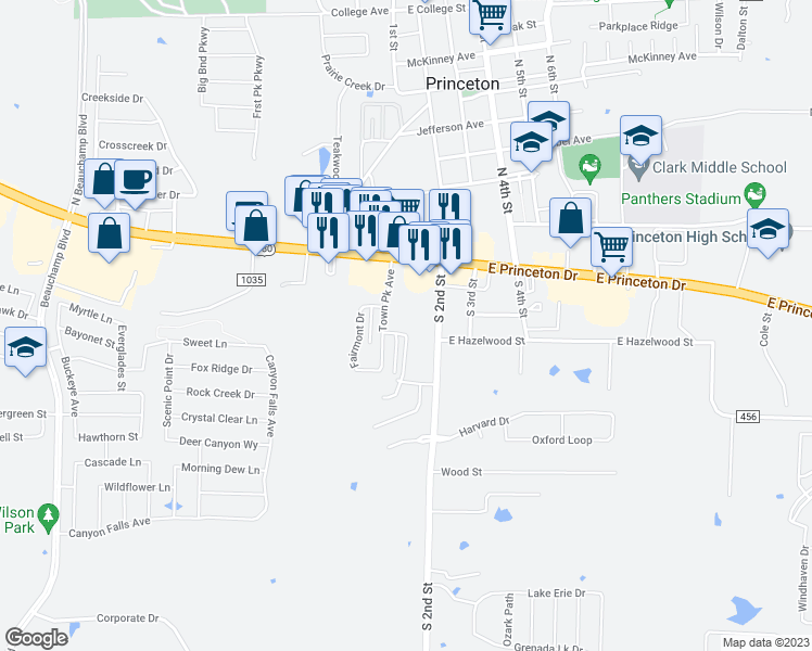 map of restaurants, bars, coffee shops, grocery stores, and more near 136 South 2nd Street in Princeton
