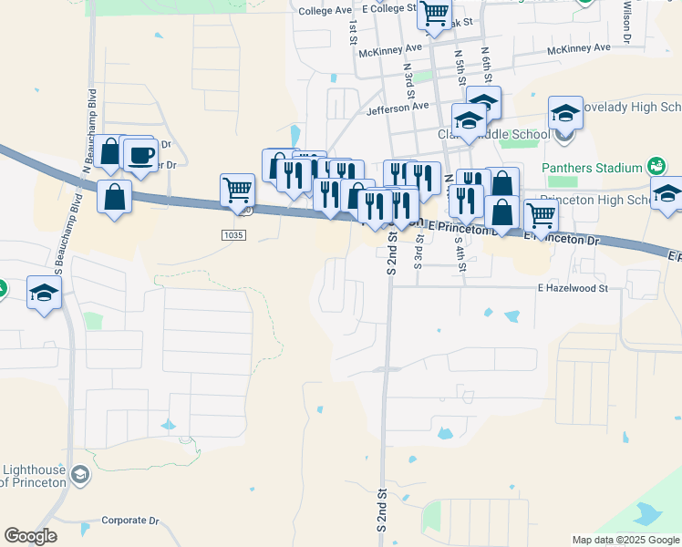 map of restaurants, bars, coffee shops, grocery stores, and more near 136 South 2nd Street in Princeton