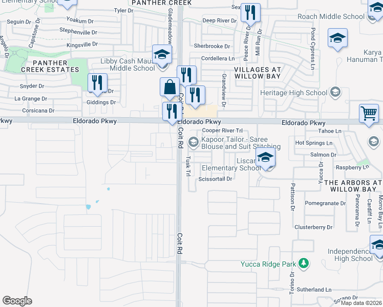 map of restaurants, bars, coffee shops, grocery stores, and more near 11498 Tusk Trail in Frisco