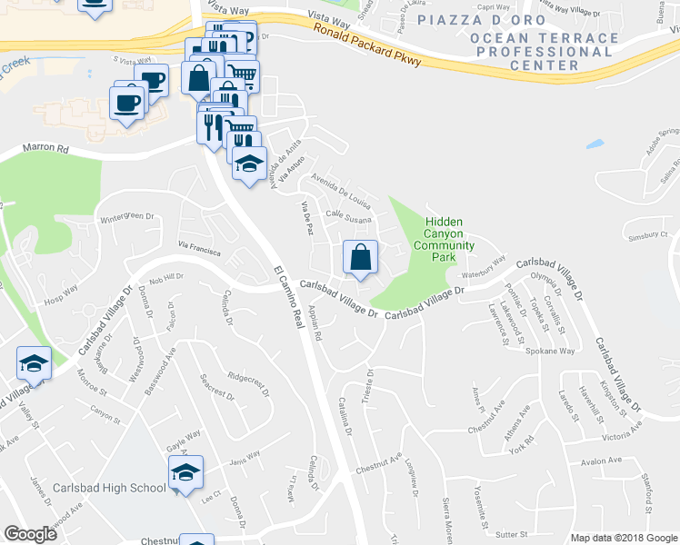 map of restaurants, bars, coffee shops, grocery stores, and more near 3123 Via Premio in Carlsbad