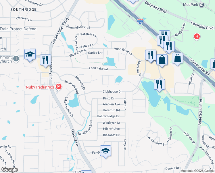 map of restaurants, bars, coffee shops, grocery stores, and more near Sombrero Drive in Denton