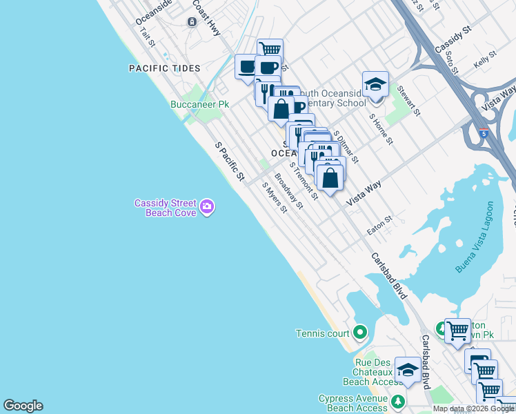 map of restaurants, bars, coffee shops, grocery stores, and more near 1824 South Pacific Street in Oceanside