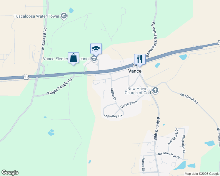 map of restaurants, bars, coffee shops, grocery stores, and more near 10934 Griffin Drive in Vance