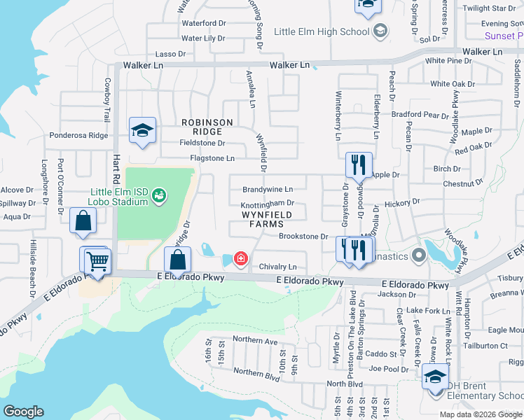 map of restaurants, bars, coffee shops, grocery stores, and more near 1445 Knottingham Drive in Little Elm
