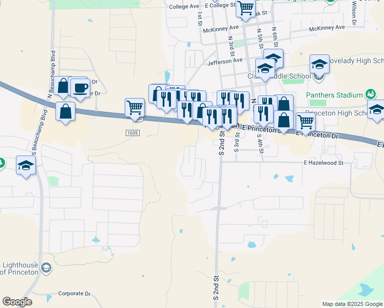 map of restaurants, bars, coffee shops, grocery stores, and more near 136 South 2nd Street in Princeton