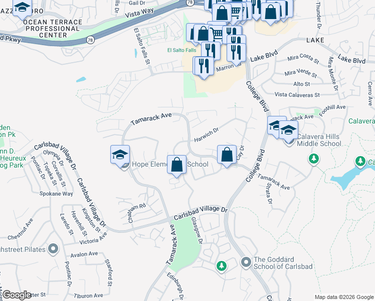 map of restaurants, bars, coffee shops, grocery stores, and more near 3501 Rock Ridge Road in Carlsbad