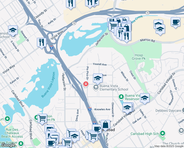 map of restaurants, bars, coffee shops, grocery stores, and more near 1280 Forest Avenue in Carlsbad