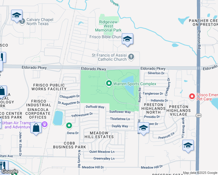 map of restaurants, bars, coffee shops, grocery stores, and more near 7599 West Eldorado Parkway in Frisco