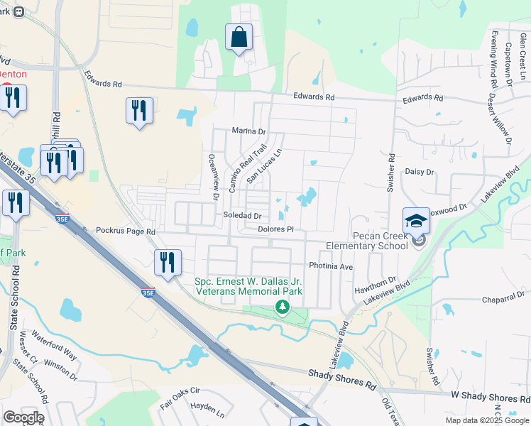 map of restaurants, bars, coffee shops, grocery stores, and more near 5513 Soledad Drive in Denton