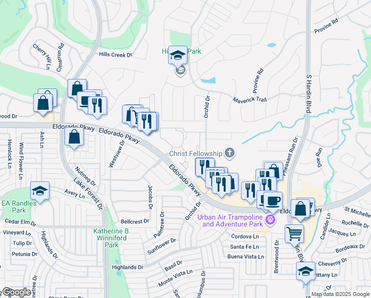 map of restaurants, bars, coffee shops, grocery stores, and more near Orchid Drive in McKinney