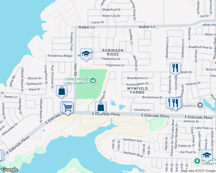 map of restaurants, bars, coffee shops, grocery stores, and more near 347A Castleridge Drive in Little Elm