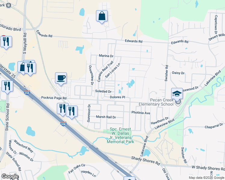 map of restaurants, bars, coffee shops, grocery stores, and more near 5509 Soledad Drive in Denton
